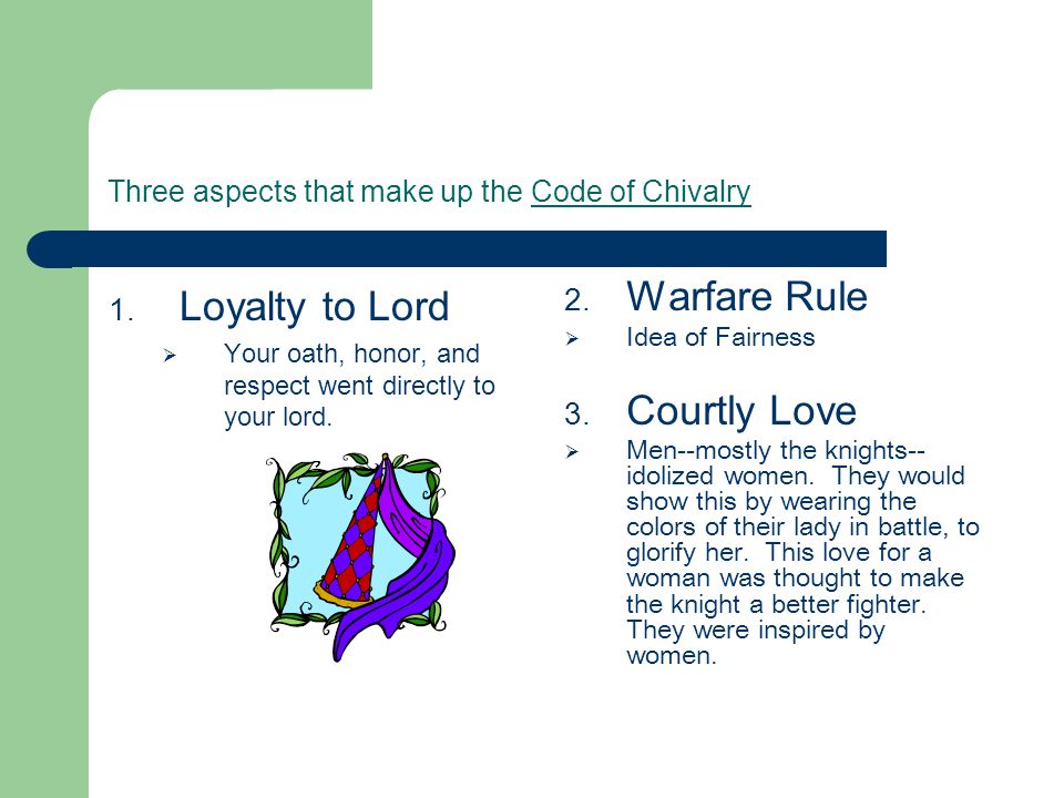 Three aspects that make up the Code of Chivalry
