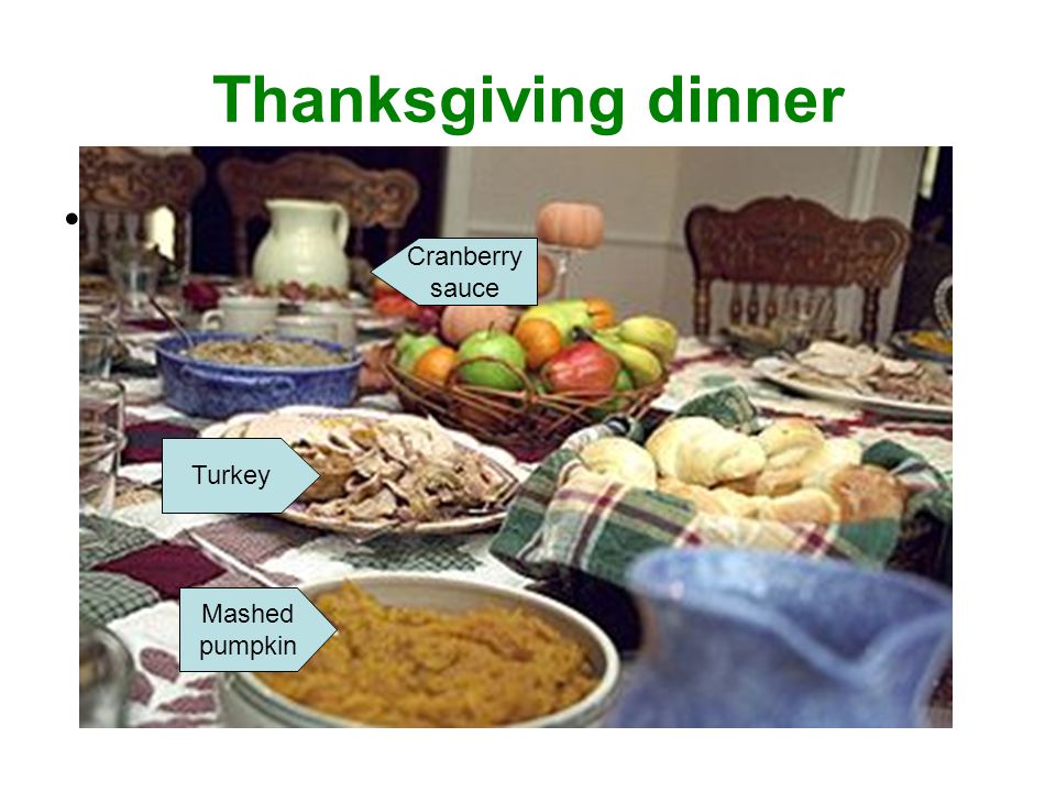 Thanksgiving dinner At thanksgiving dinner, people eat the foods that the Pilgrims ate at the First Thanksgiving.
