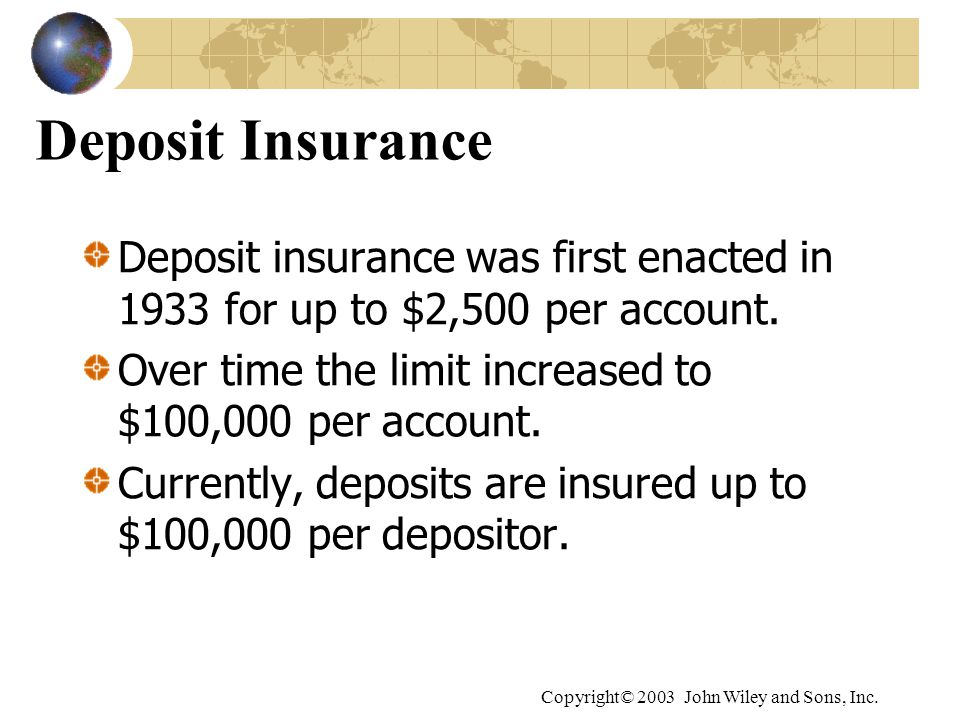 Deposit Insurance Deposit insurance was first enacted in 1933 for up to $2,500 per account. Over time the limit increased to $100,000 per account.