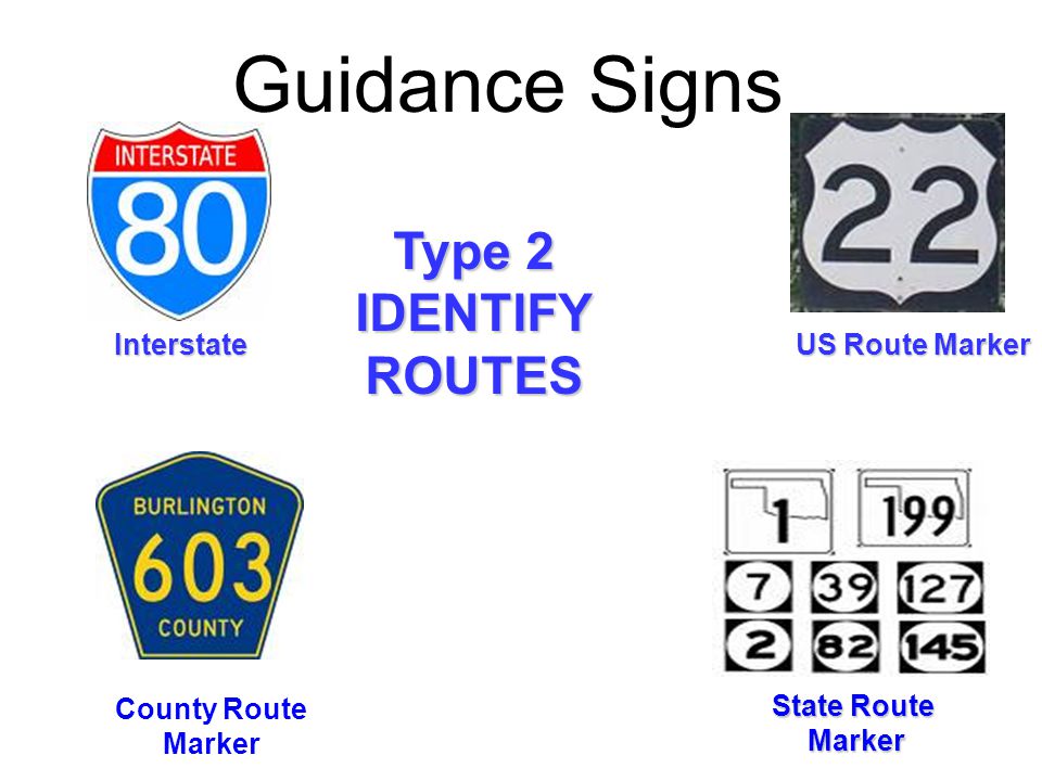 Guidance Signs Type 2 IDENTIFY ROUTES Interstate US Route Marker