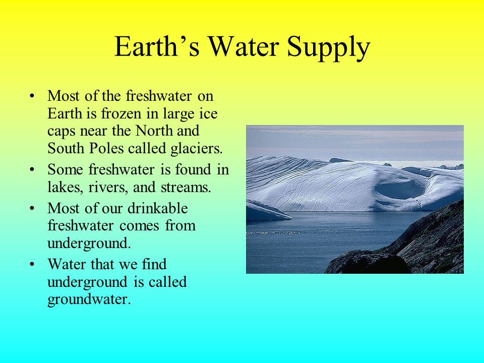 Earth’s Water Supply Most of the freshwater on Earth is frozen in large ice caps near the North and South Poles called glaciers.