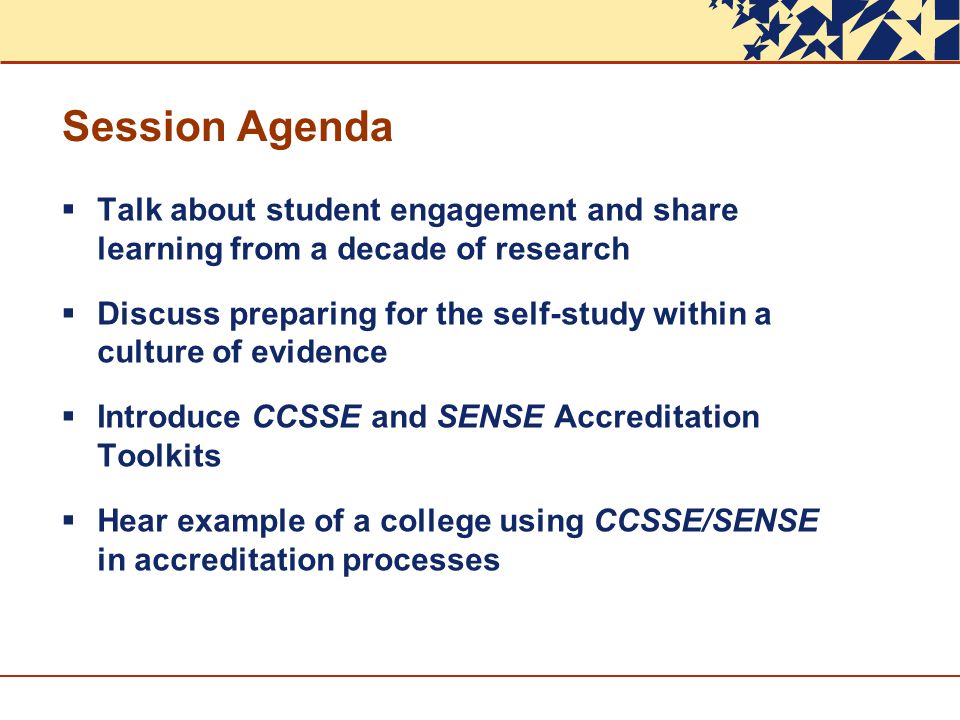 Session Agenda Talk about student engagement and share learning from a decade of research.