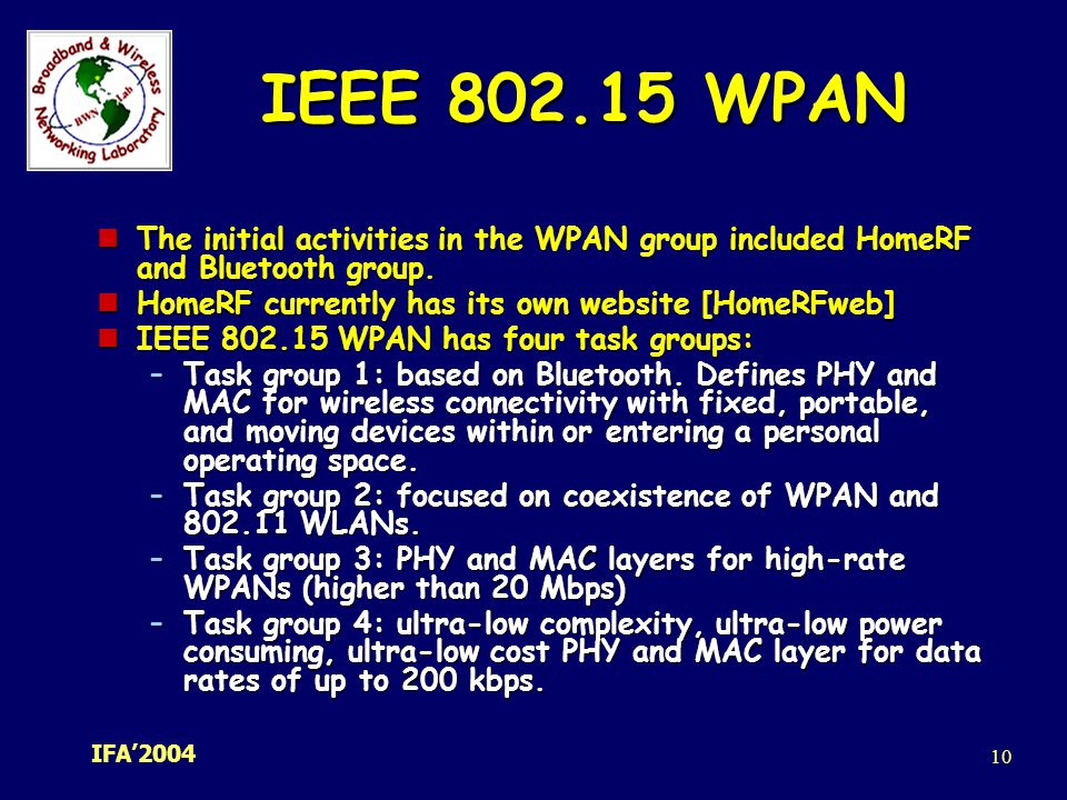 IEEE WPAN The initial activities in the WPAN group included HomeRF and Bluetooth group. HomeRF currently has its own website [HomeRFweb]