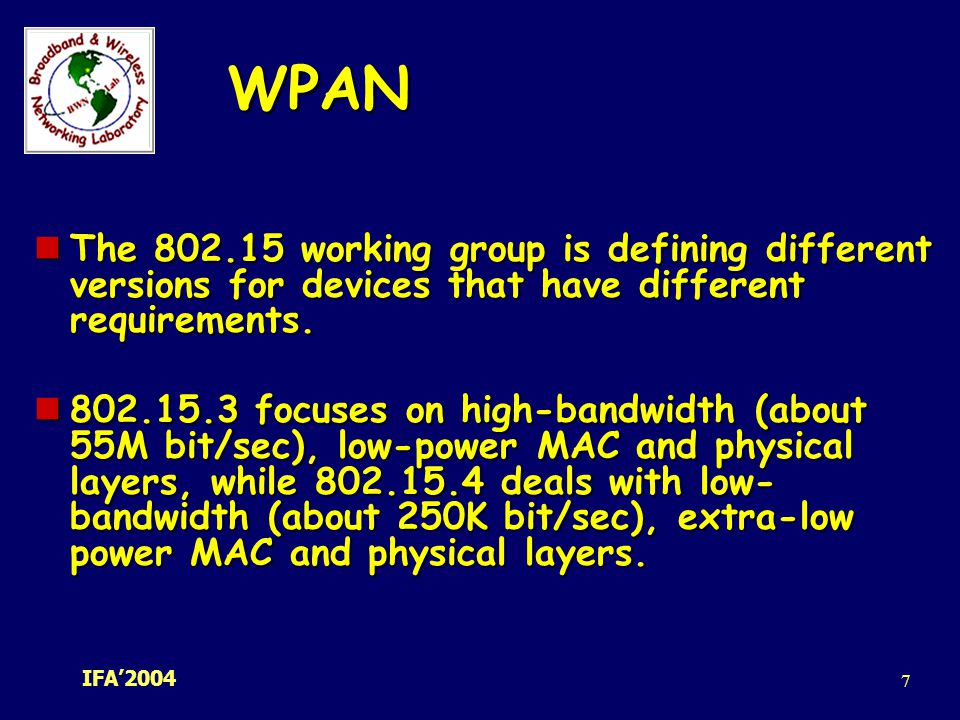 WPAN The working group is defining different versions for devices that have different requirements.