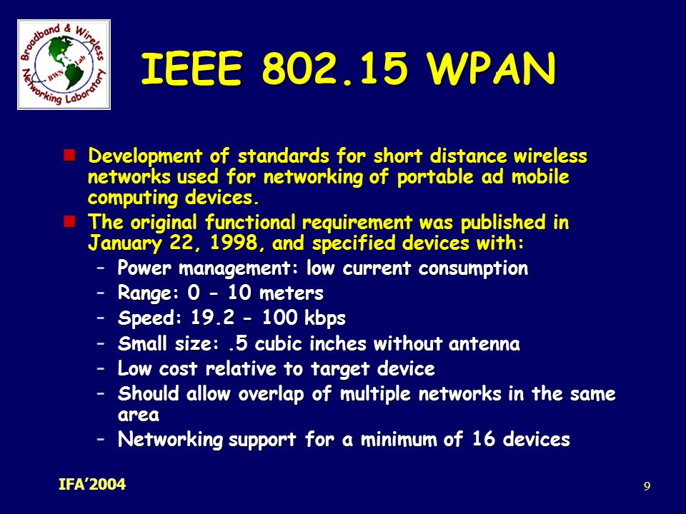 IEEE WPAN Development of standards for short distance wireless networks used for networking of portable ad mobile computing devices.