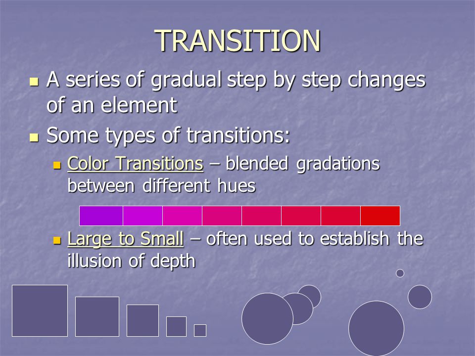 TRANSITION A series of gradual step by step changes of an element