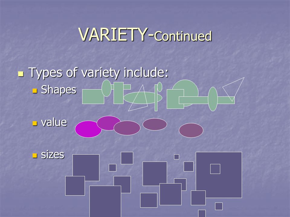 VARIETY-Continued Types of variety include: Shapes value sizes