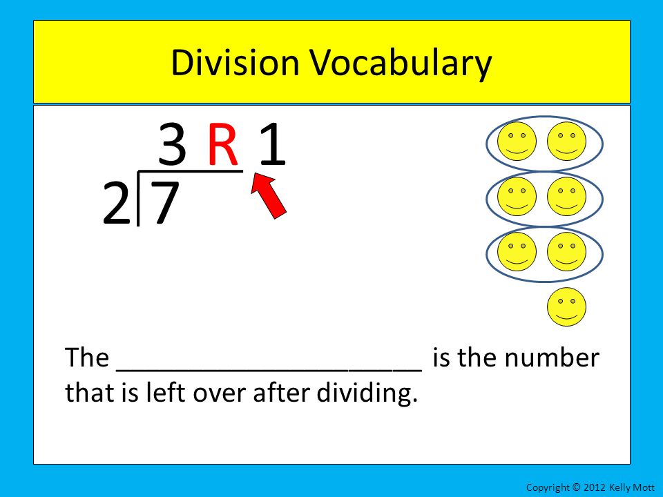 Division Vocabulary 3 R The _____________________ is the number that is left over after dividing.
