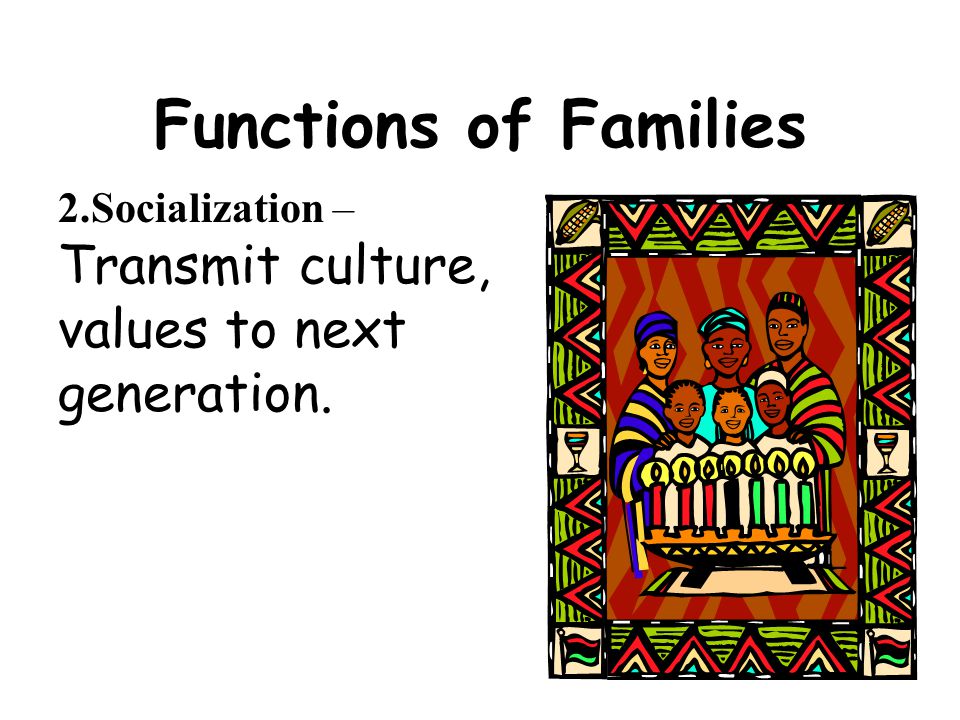 Functions of Families 2.Socialization –Transmit culture, values to next generation.