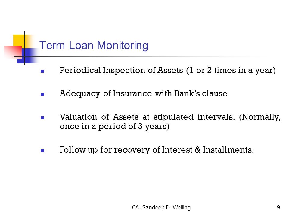 Term Loan Monitoring Periodical Inspection of Assets (1 or 2 times in a year) Adequacy of Insurance with Bank’s clause.