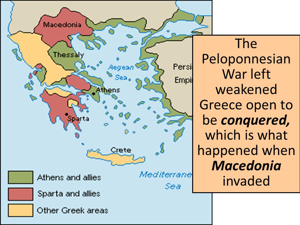 The Peloponnesian War left weakened Greece open to be conquered, which is what happened when Macedonia invaded