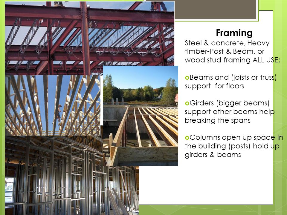 Framing Steel & concrete, Heavy timber-Post & Beam, or wood stud framing ALL USE: Beams and (joists or truss) support for floors.