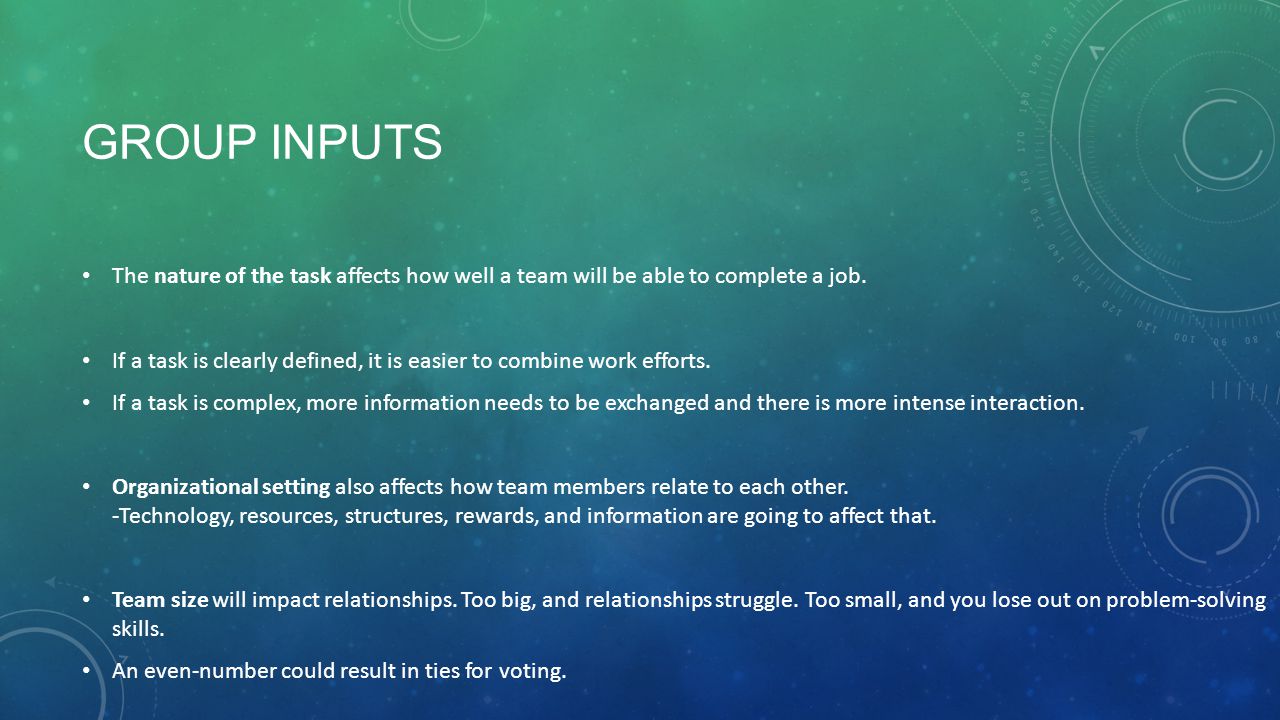 Group INputs The nature of the task affects how well a team will be able to complete a job.