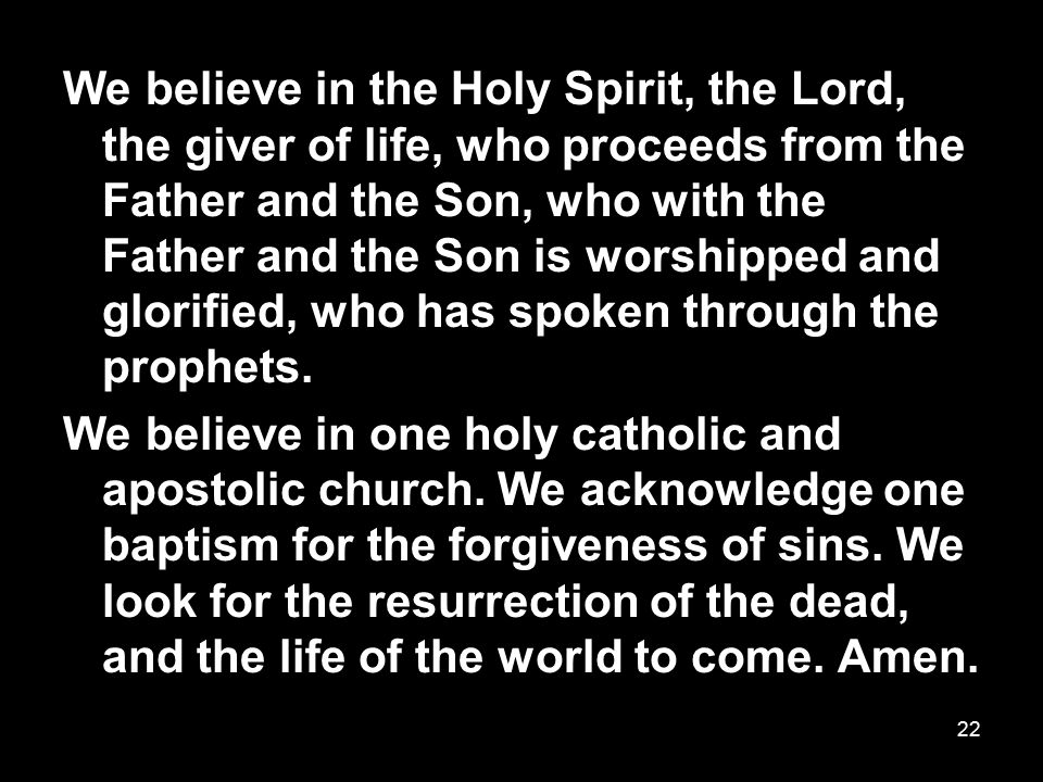 We believe in the Holy Spirit, the Lord, the giver of life, who proceeds from the Father and the Son, who with the Father and the Son is worshipped and glorified, who has spoken through the prophets.