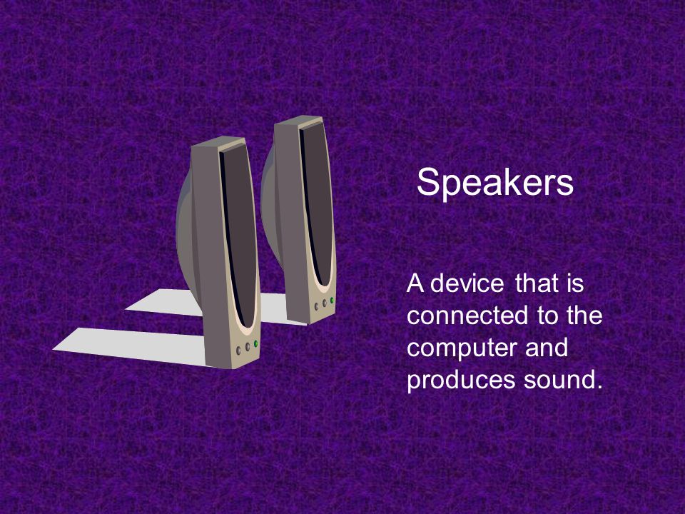 Speakers A device that is connected to the computer and produces sound.