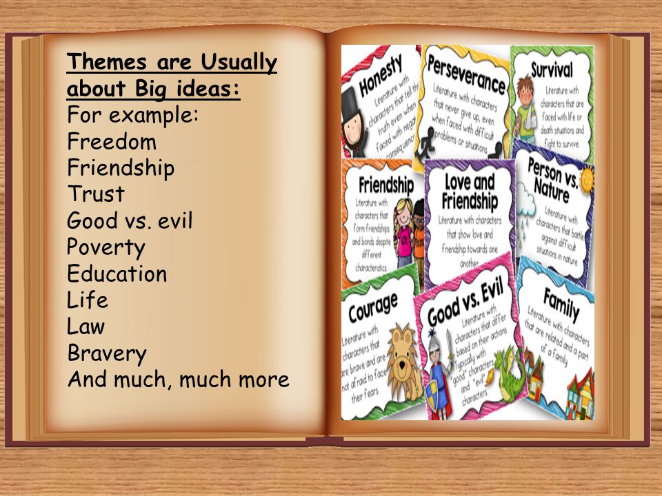 Themes are Usually about Big ideas: For example: Freedom. Friendship. Trust. Good vs. evil. Poverty.