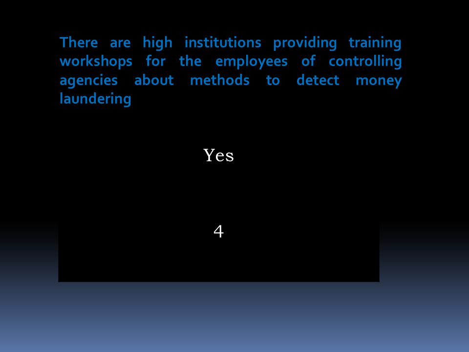 There are high institutions providing training workshops for the employees of controlling agencies about methods to detect money laundering