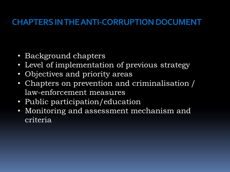 CHAPTERS IN THE ANTI-CORRUPTION DOCUMENT