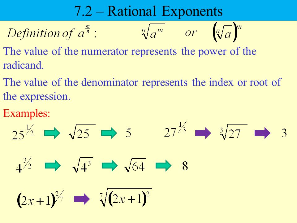 7.2 – Rational Exponents The value of the numerator represents the power of the radicand.