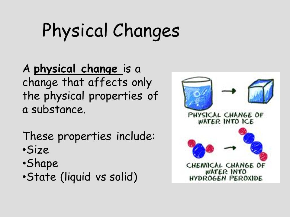 Physical Changes A physical change is a change that affects only the physical properties of a substance.