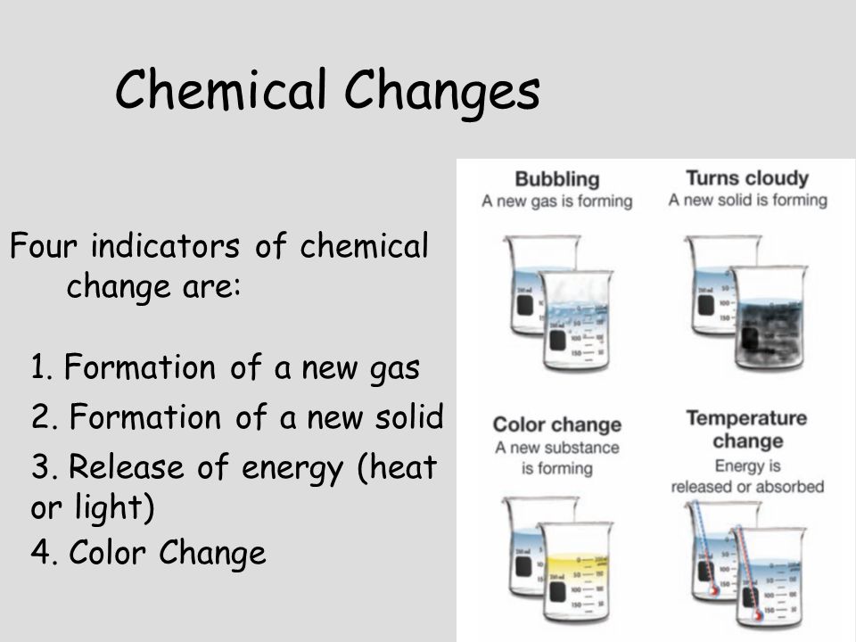Chemical Changes Four indicators of chemical change are: