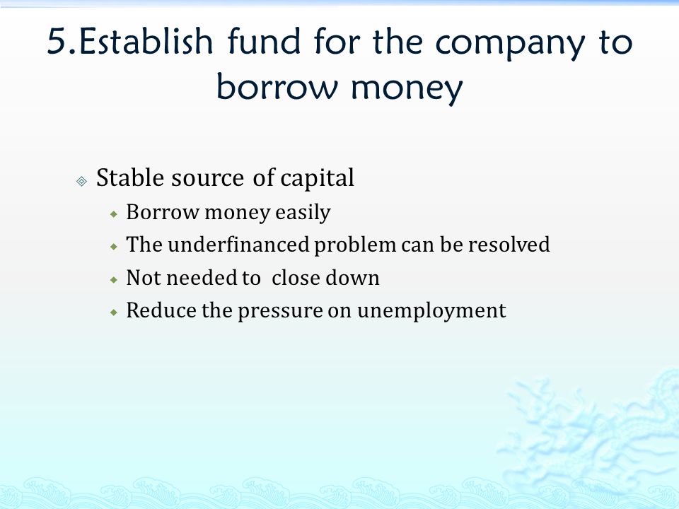 5.Establish fund for the company to borrow money