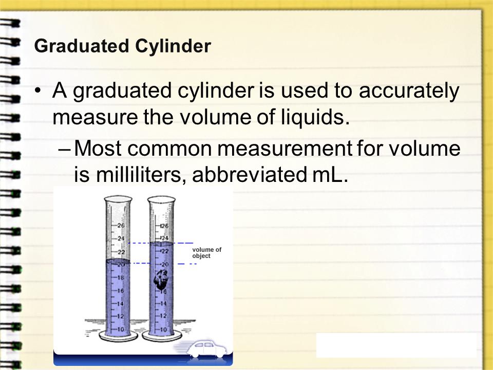 Most common measurement for volume is milliliters, abbreviated mL.