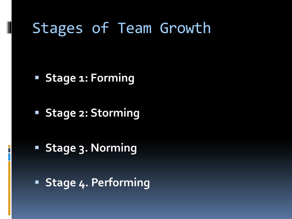 Stages of Team Growth Stage 1: Forming Stage 2: Storming
