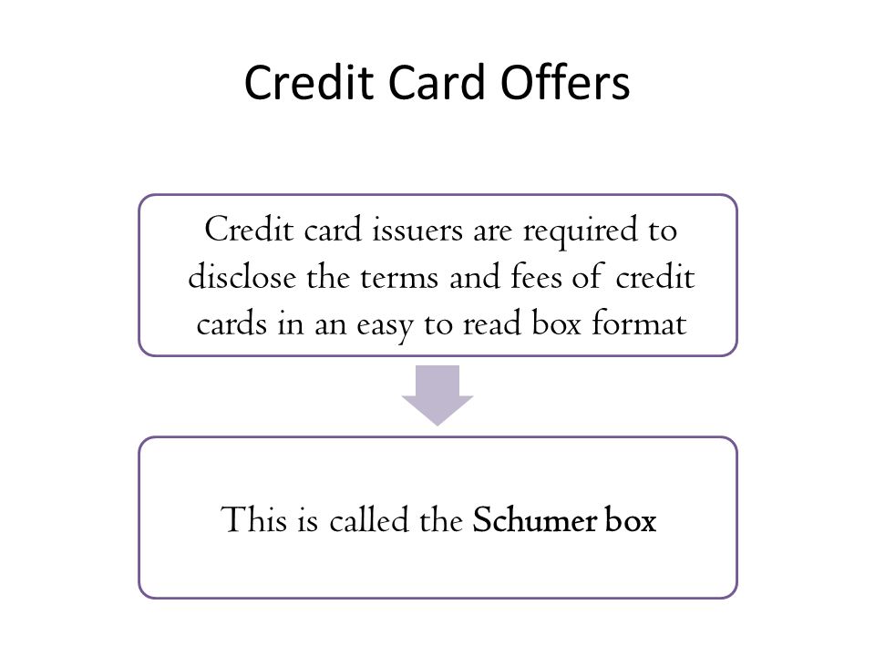 Credit Card Offers Credit card issuers are required to disclose the terms and fees of credit cards in an easy to read box format.