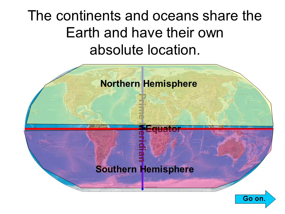 The continents and oceans share the Earth and have their own absolute location.
