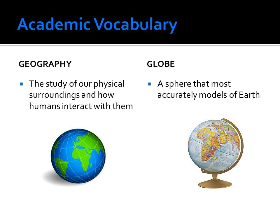 Academic Vocabulary Geography. globe. The study of our physical surroundings and how humans interact with them.