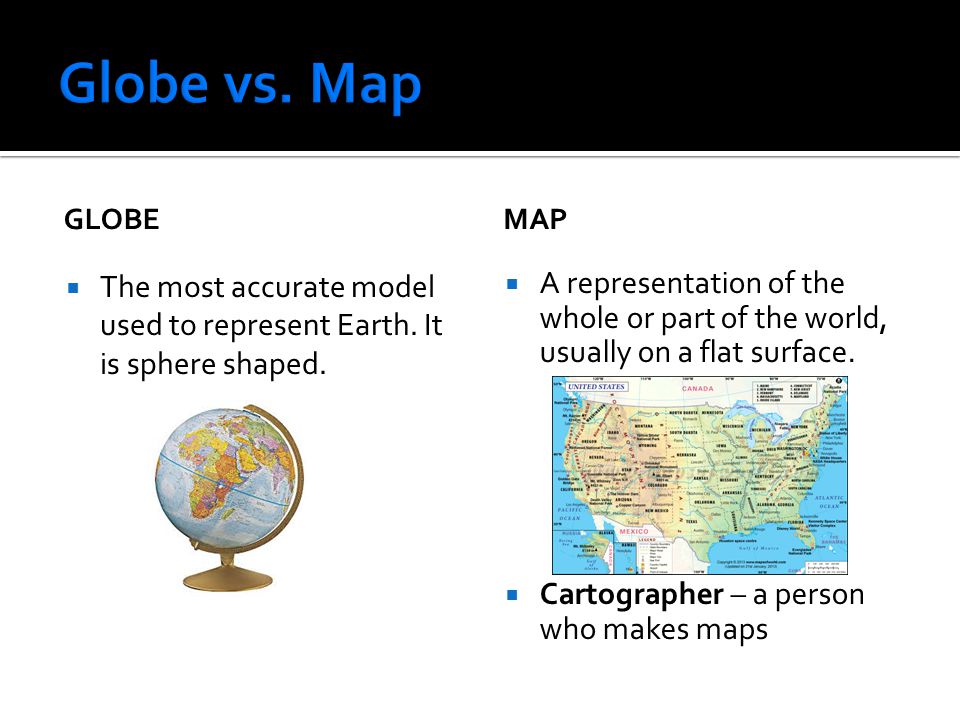Globe vs. Map Globe. Map. The most accurate model used to represent Earth. It is sphere shaped.