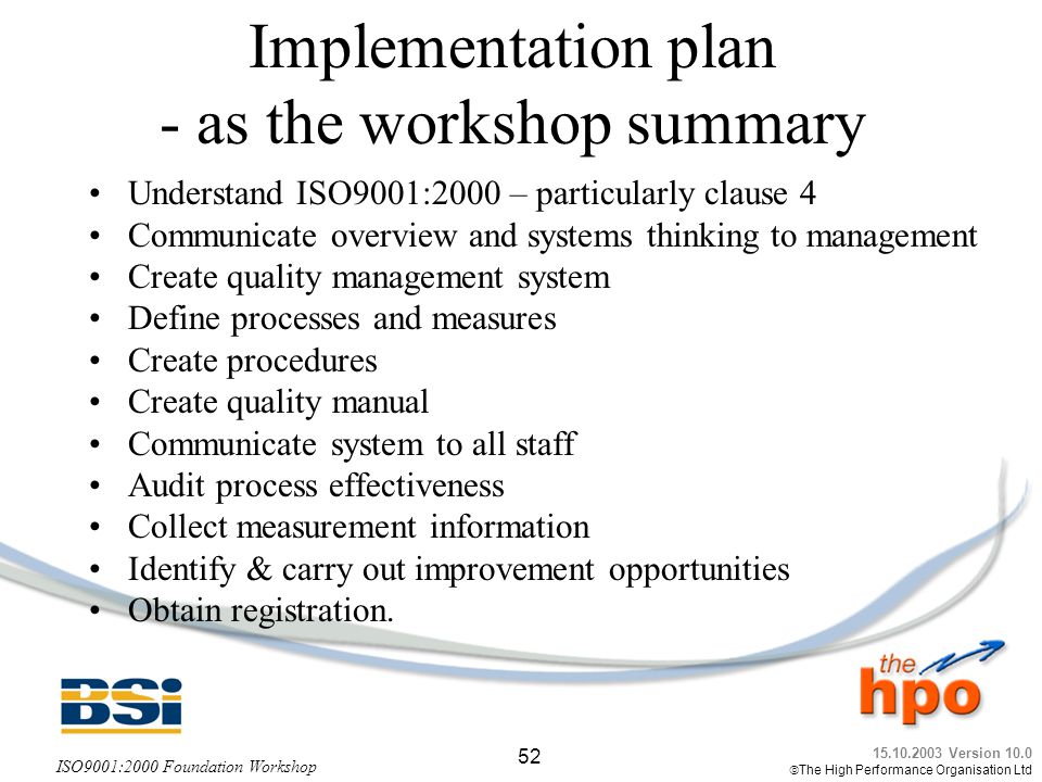 Implementation plan - as the workshop summary