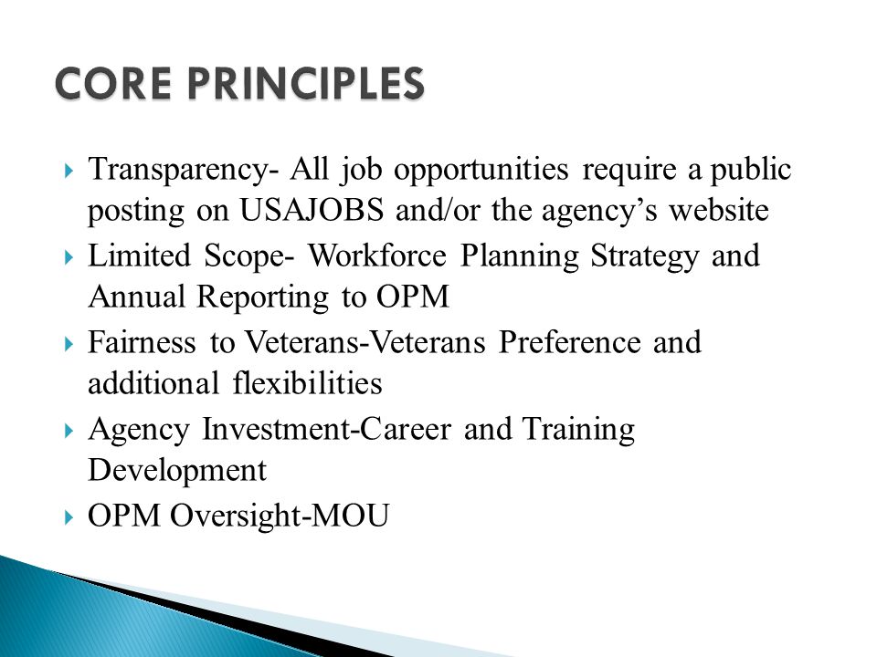 CORE PRINCIPLES Transparency- All job opportunities require a public posting on USAJOBS and/or the agency’s website.