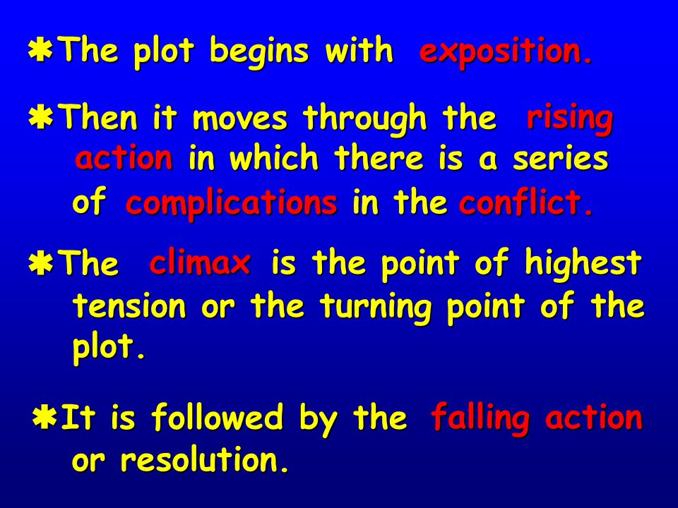 The plot begins with exposition. Then it moves through the. rising. in which there is a series. action.