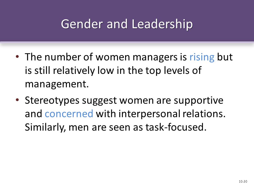 Gender and Leadership The number of women managers is rising but is still relatively low in the top levels of management.