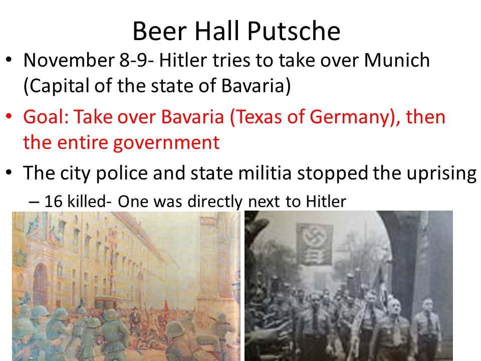 Beer Hall Putsche November 8-9- Hitler tries to take over Munich (Capital of the state of Bavaria)