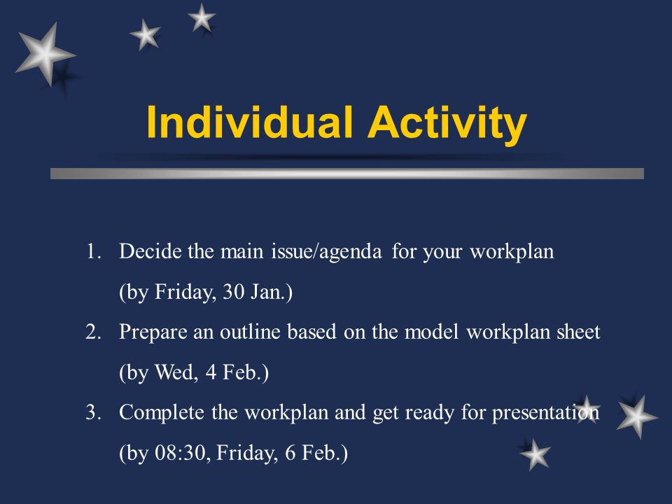 Individual Activity Decide the main issue/agenda for your workplan