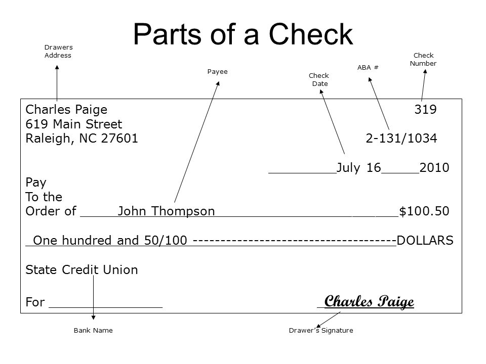 Parts of a Check Charles Paige Main Street