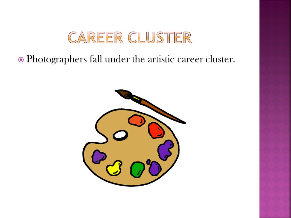 Career cluster Photographers fall under the artistic career cluster.