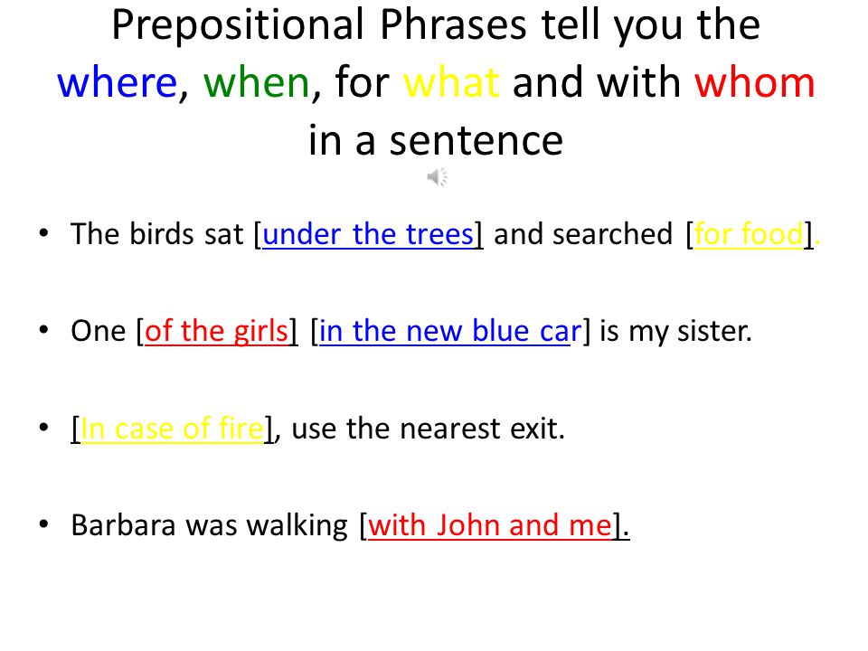 Prepositional Phrases tell you the where, when, for what and with whom in a sentence
