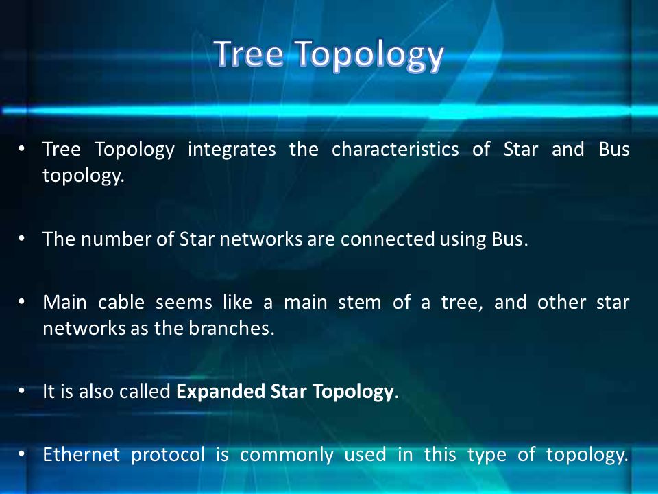 Tree Topology Tree Topology integrates the characteristics of Star and Bus topology. The number of Star networks are connected using Bus.