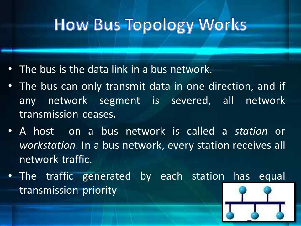 How Bus Topology Works The bus is the data link in a bus network.