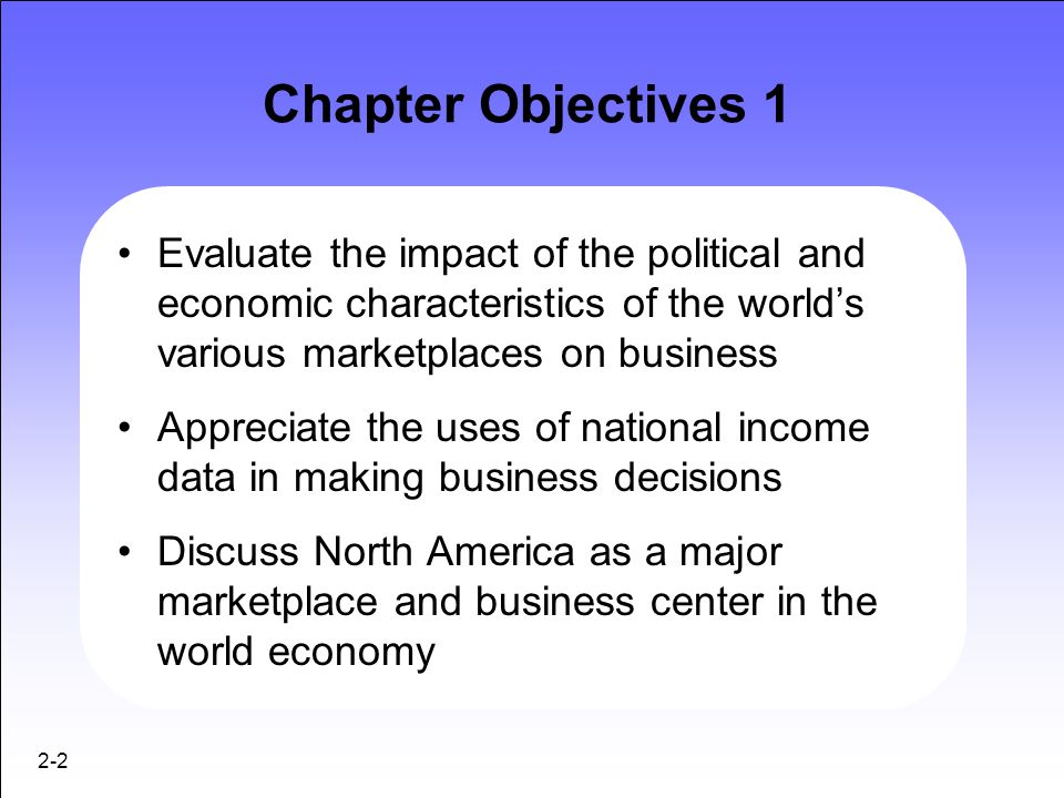 Chapter Objectives 1 Evaluate the impact of the political and economic characteristics of the world’s various marketplaces on business.