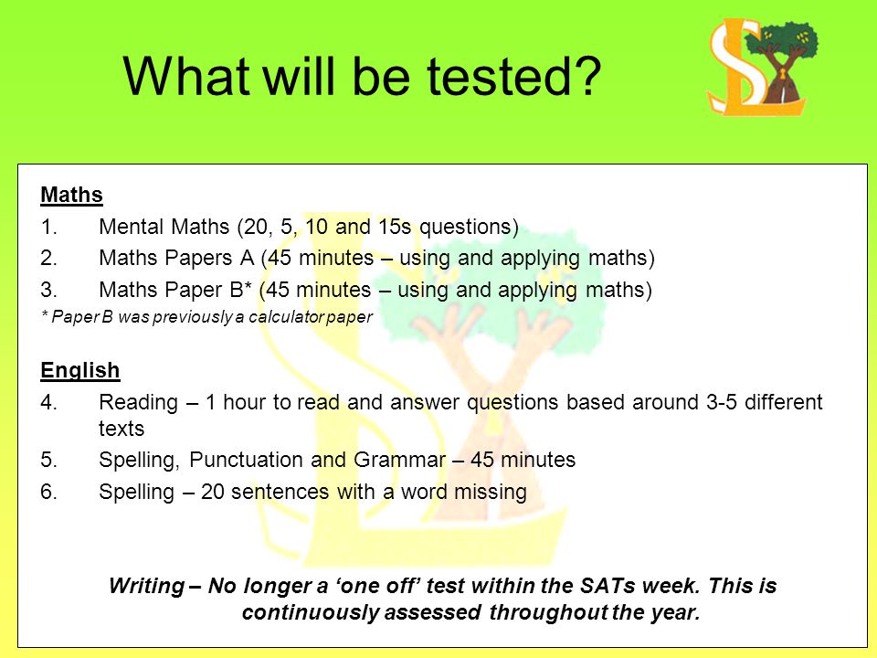What will be tested Maths Mental Maths (20, 5, 10 and 15s questions)