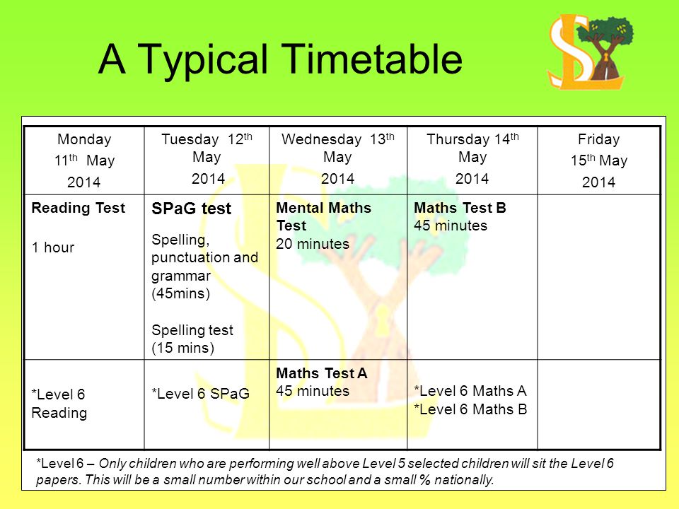 A Typical Timetable SPaG test Monday 11th May 2014 Tuesday 12th May