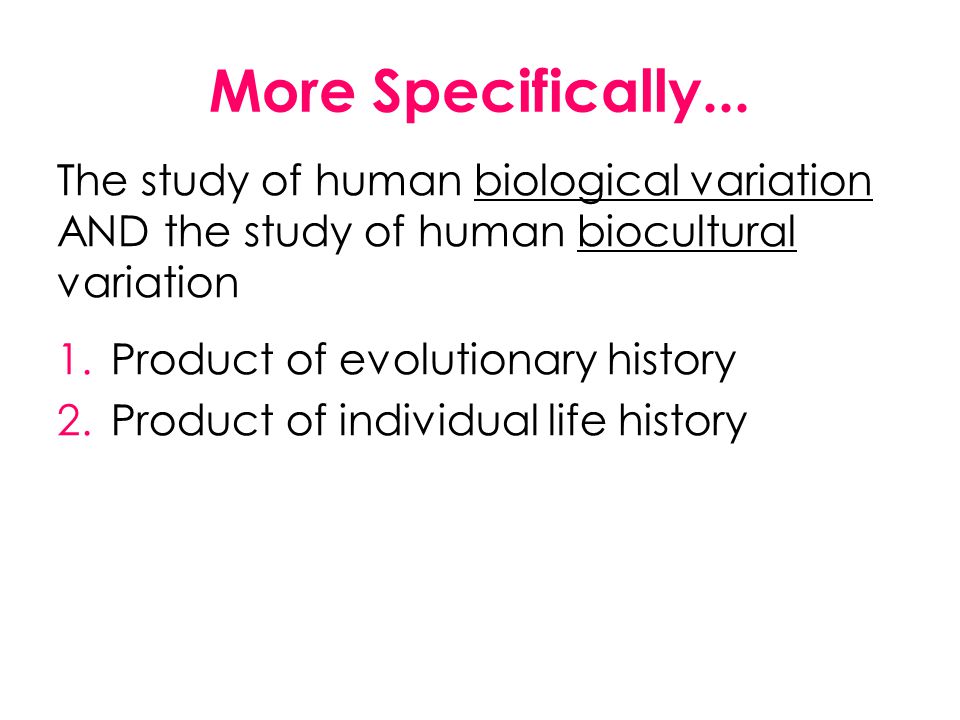 More Specifically... The study of human biological variation AND the study of human biocultural variation.