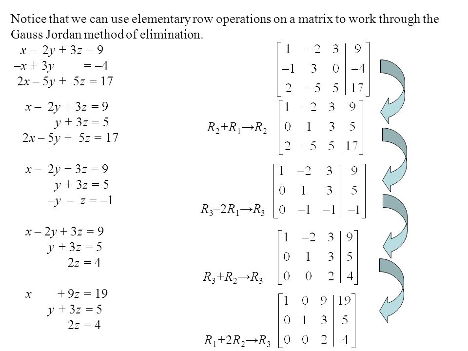 Notice that we can use elementary row operations on a matrix to work through the Gauss Jordan method of elimination.
