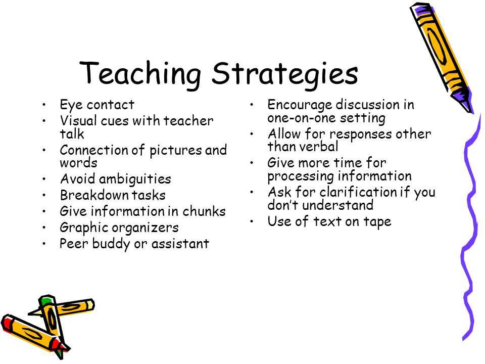 Teaching Strategies Eye contact Visual cues with teacher talk
