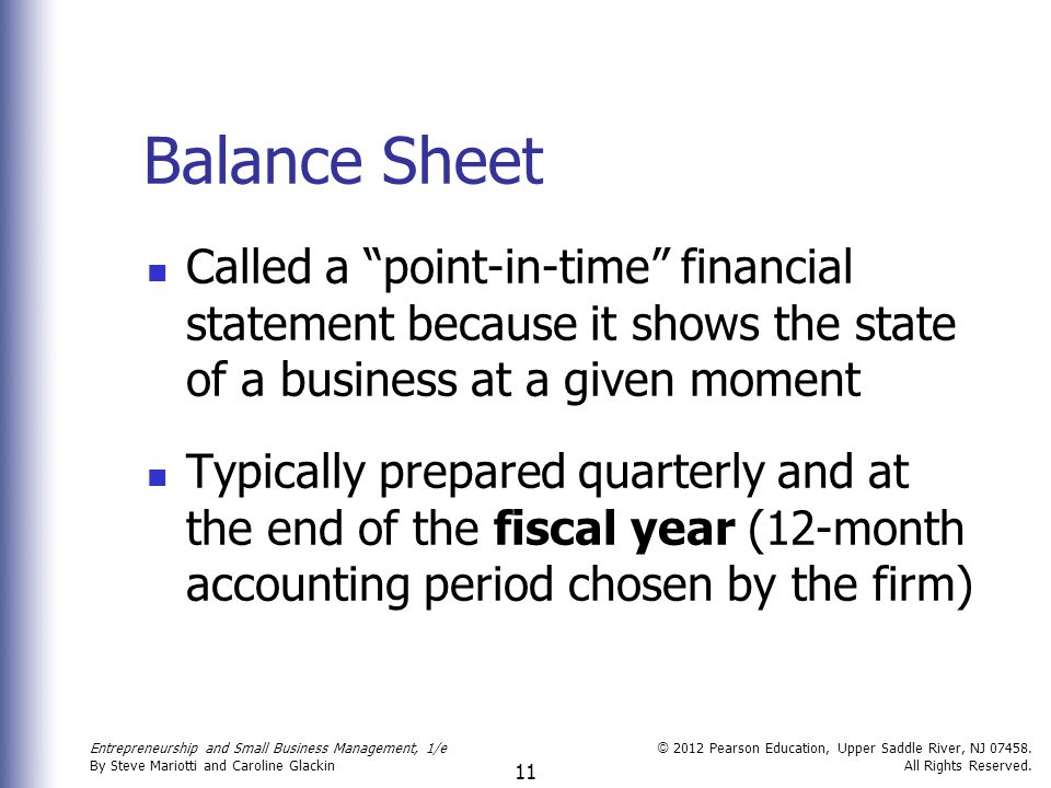 Balance Sheet Called a point-in-time financial statement because it shows the state of a business at a given moment.